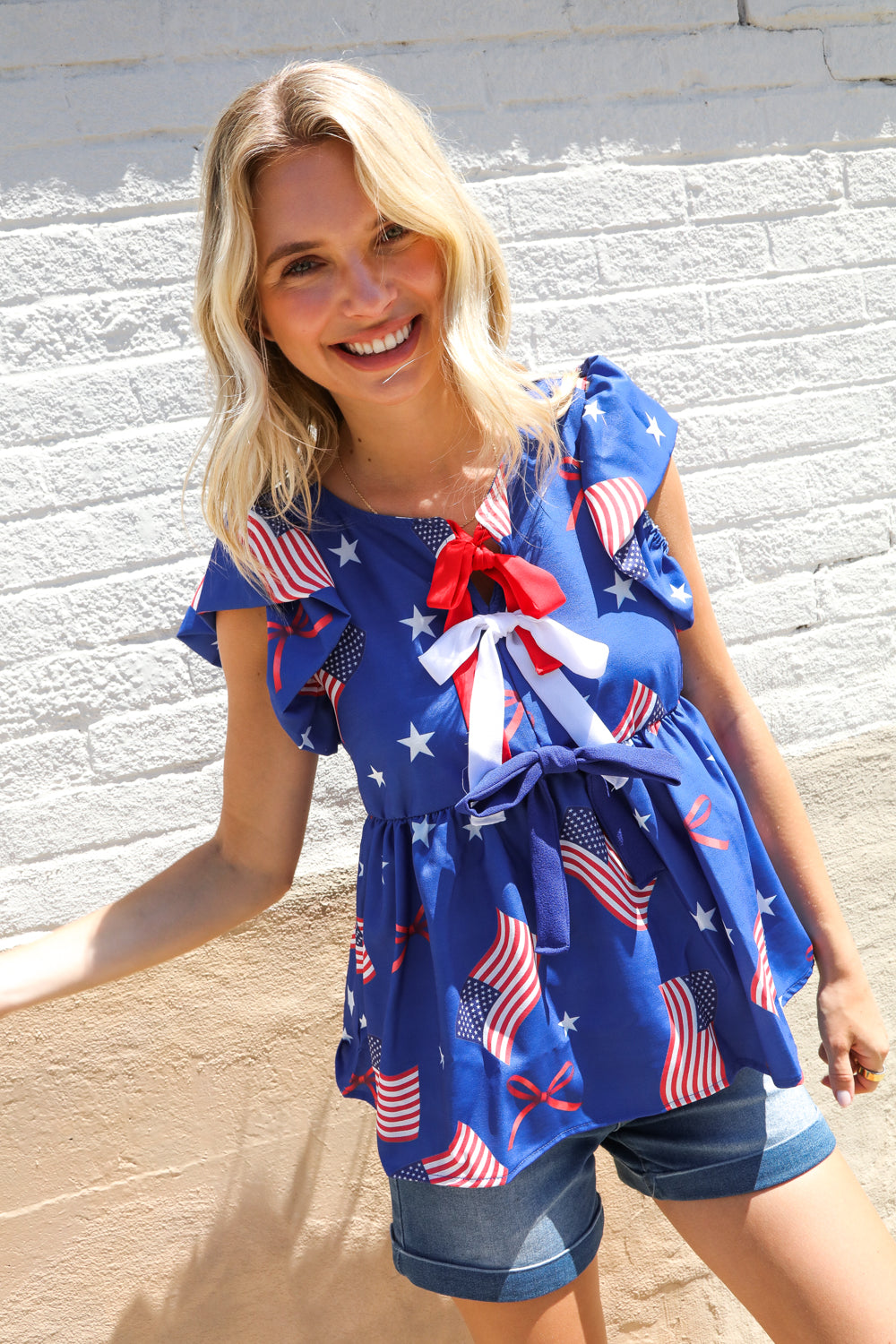 American Flag Blue & Red Stars & Bow Print Woven Top (Open Pack)