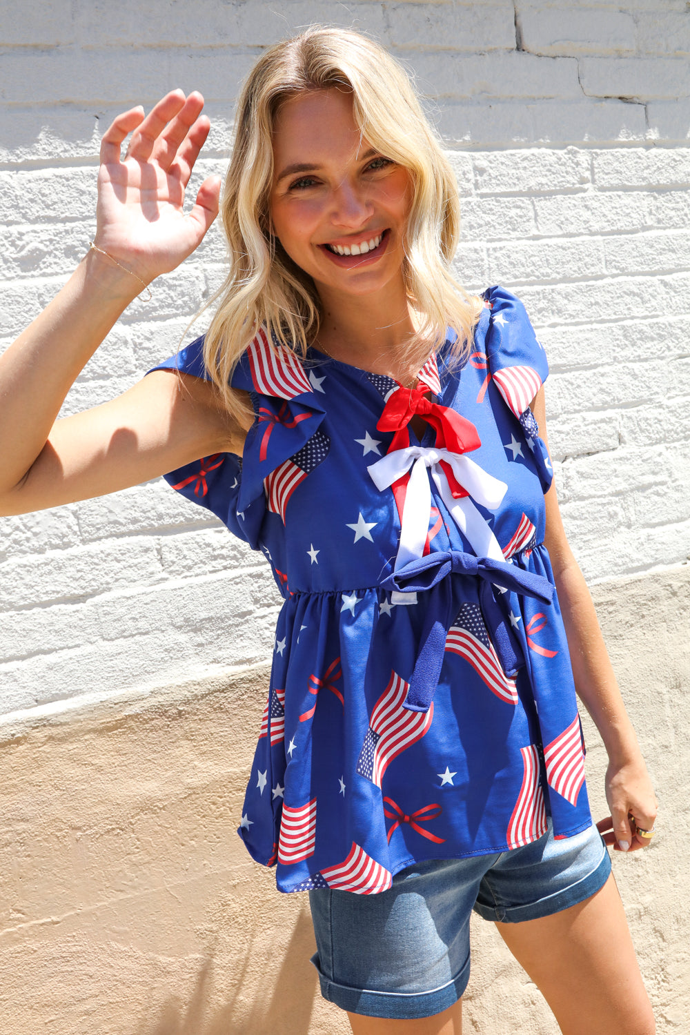 American Flag Blue & Red Stars & Bow Print Woven Top (Open Pack)