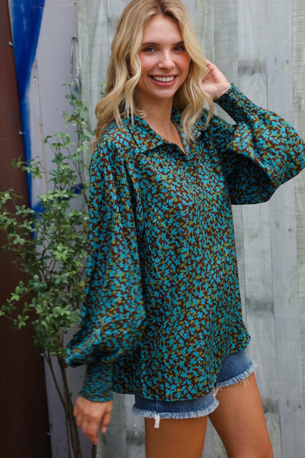 Mocha & Blue Floral Woven Top