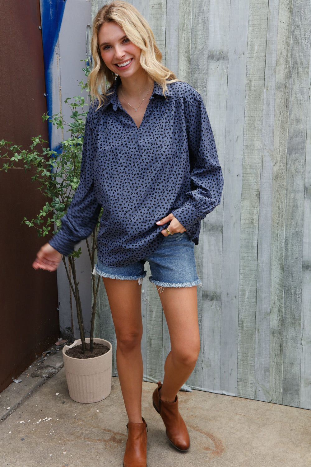 Blue Gray Animal Print Blouse