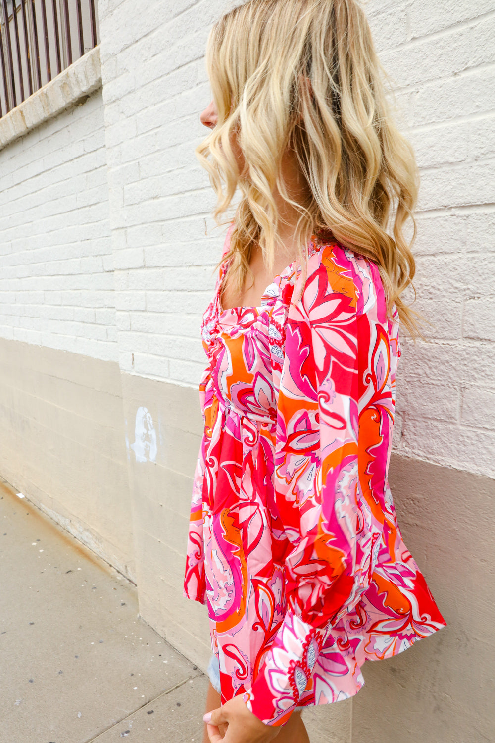 All For You Red Silky Floral Print Sweetheart Neck Long Sleeve Blouse (Open Pack)