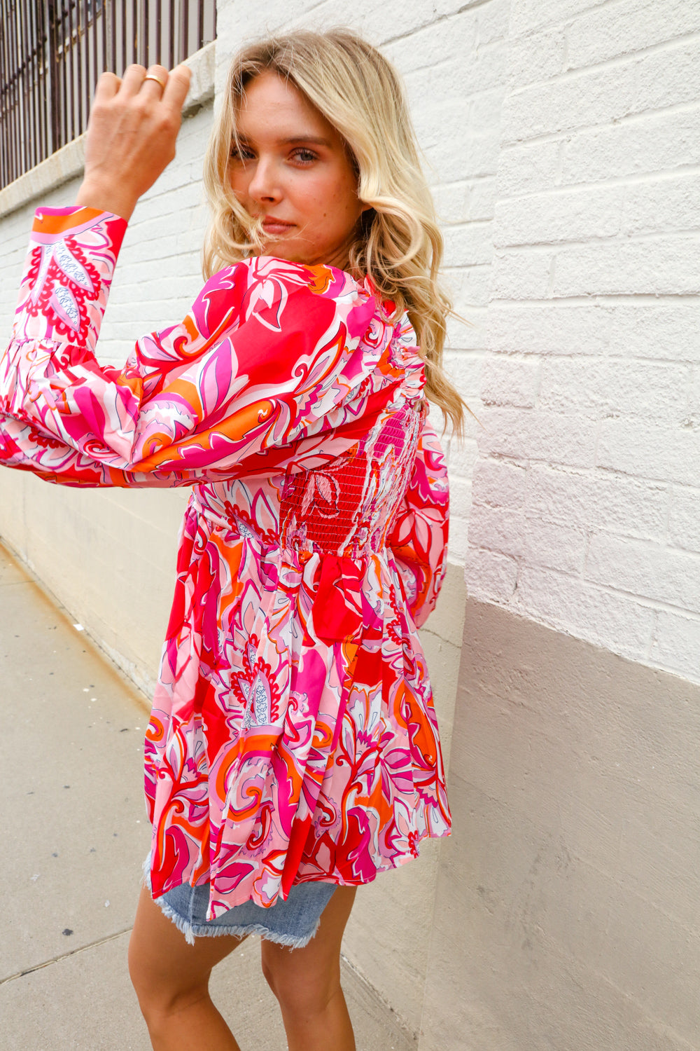 All For You Red Silky Floral Print Sweetheart Neck Long Sleeve Blouse (Open Pack)