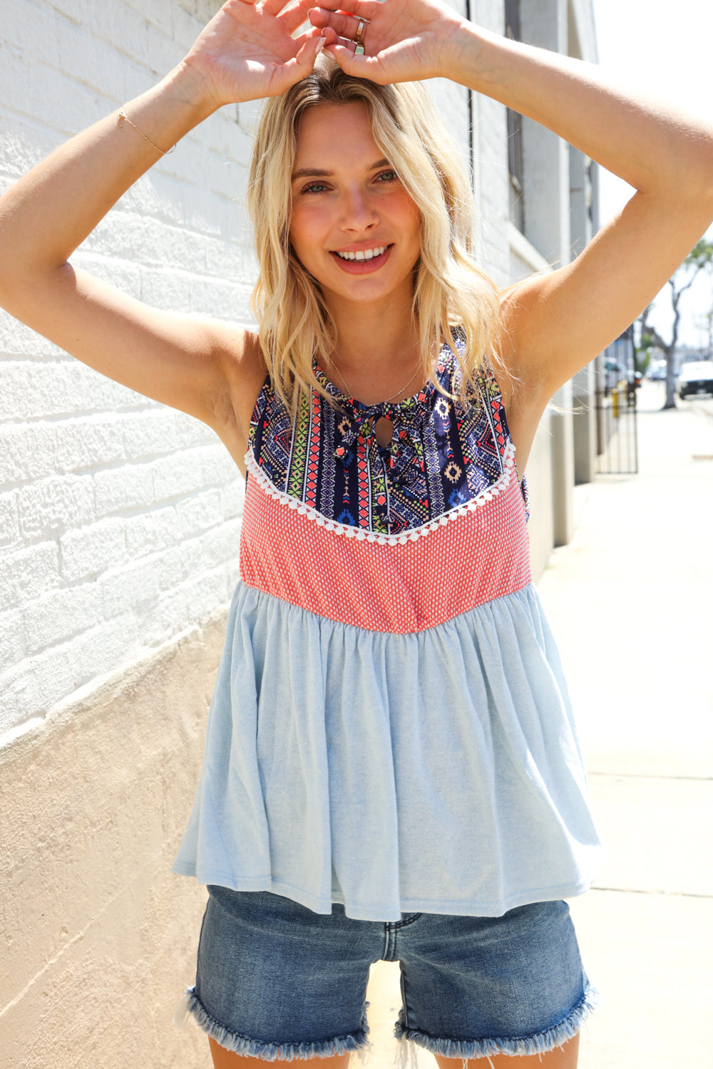 Vacay Vibes Coral/Blue Boho Print Color Block Sleeveless Top (Open Pack)