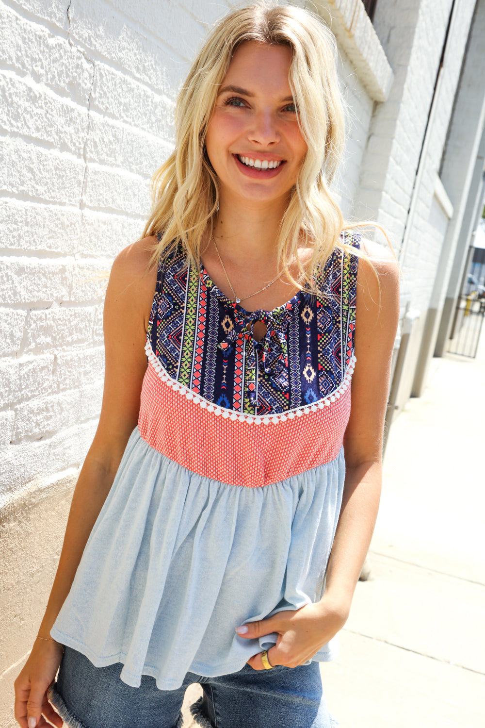 Vacay Vibes Coral/Blue Boho Print Color Block Sleeveless Top (Open Pack)