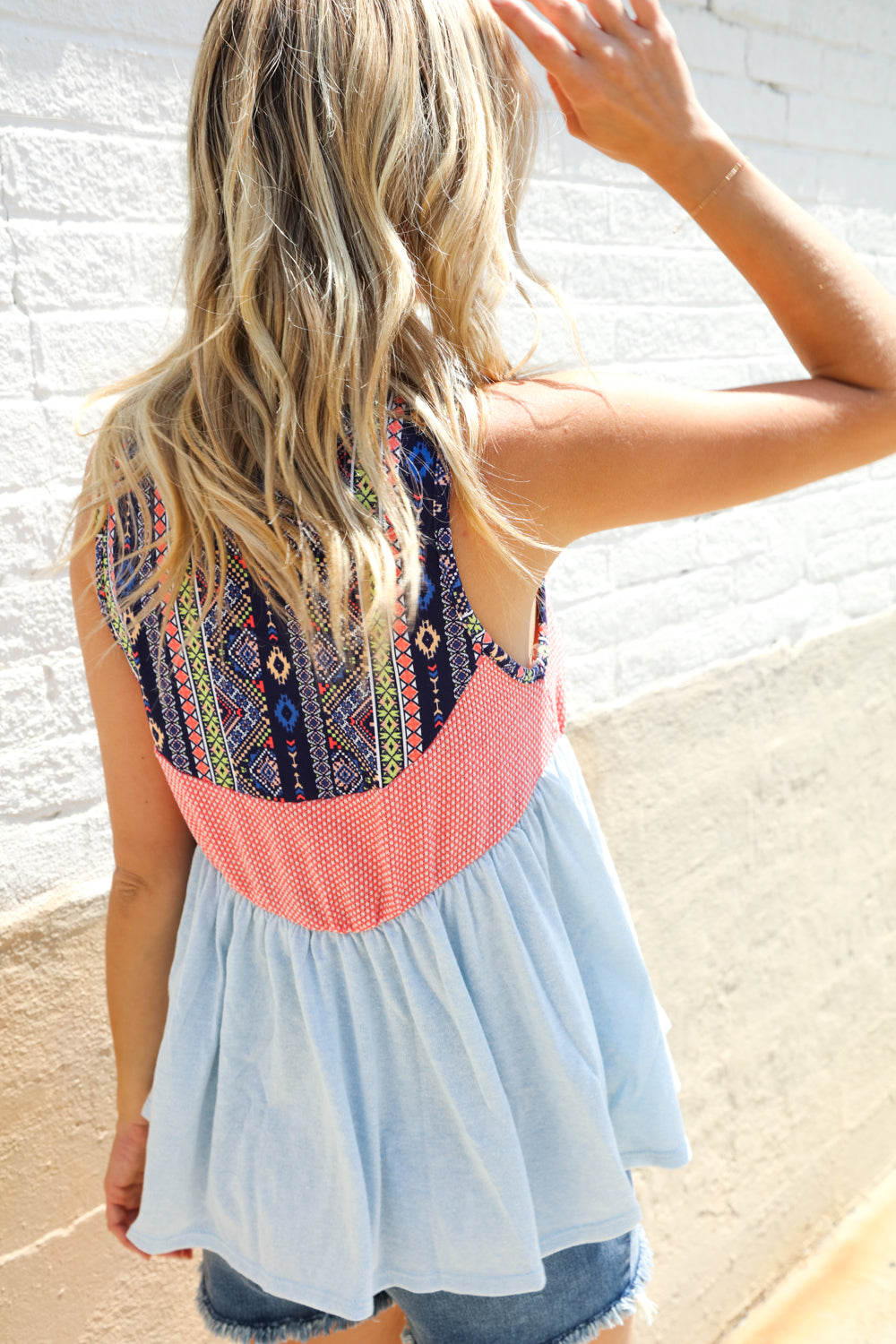 Vacay Vibes Coral/Blue Boho Print Color Block Sleeveless Top (Open Pack)