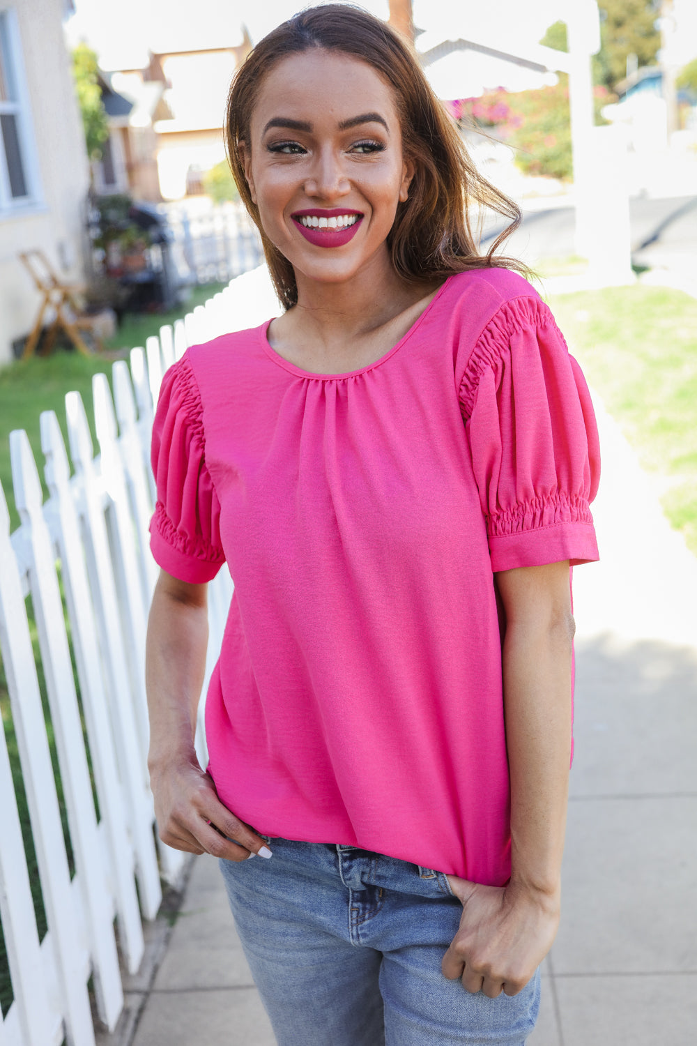 Perfectly You Solid Fuchsia Silk Shirred Cap Short Sleeve Blouse (Open Pack)