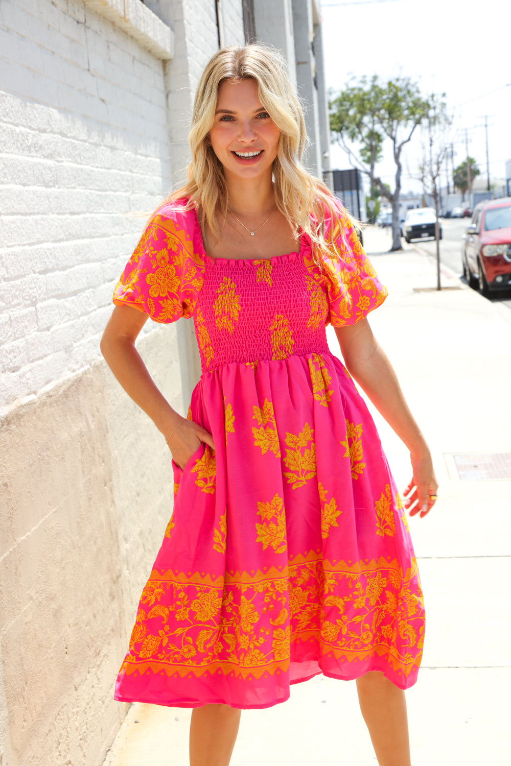 Beautiful You Coral Floral & Border Print Smocked Dress (Open Pack)