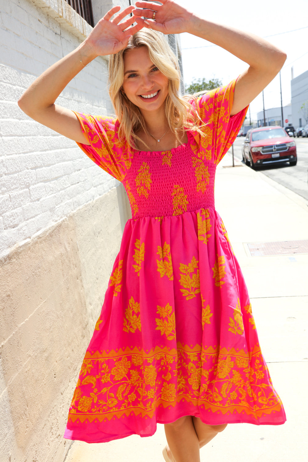 Beautiful You Coral Floral & Border Print Smocked Dress (Open Pack)