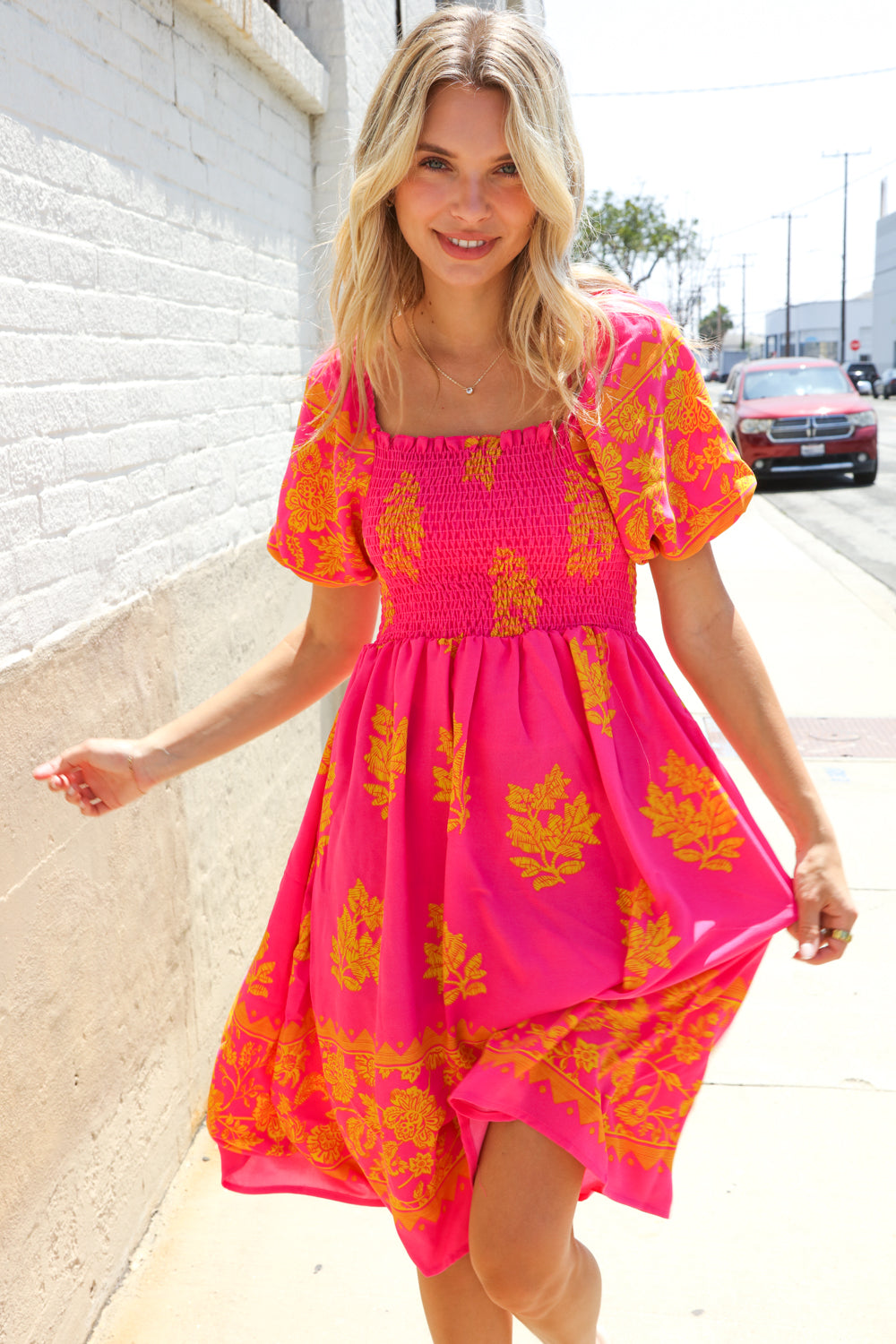 Beautiful You Coral Floral & Border Print Smocked Dress (Open Pack)