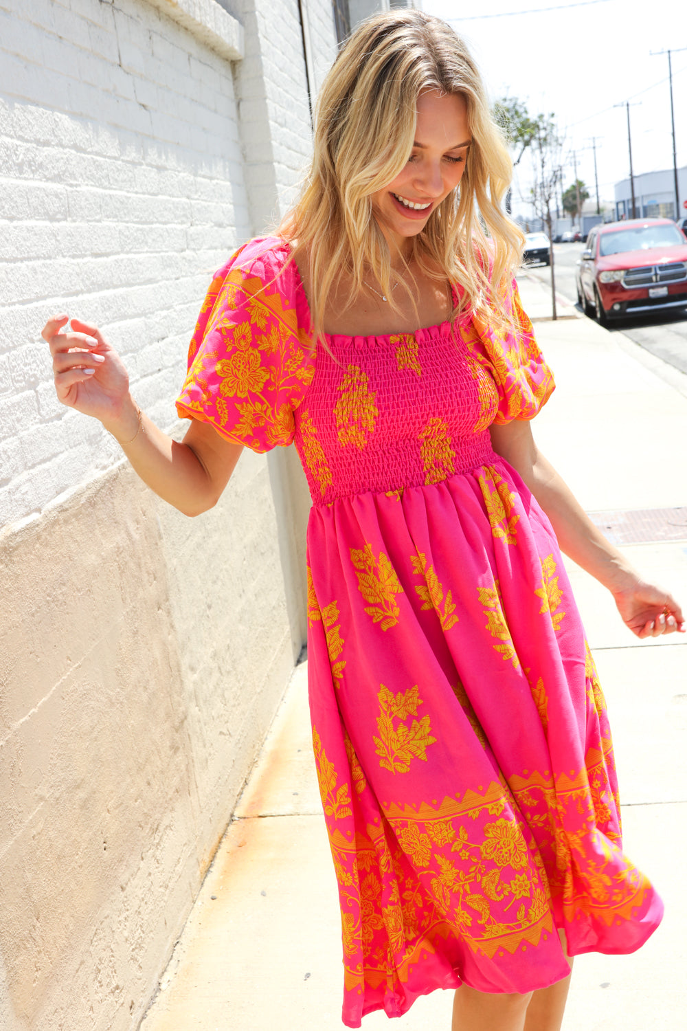 Beautiful You Coral Floral & Border Print Smocked Dress (Open Pack)