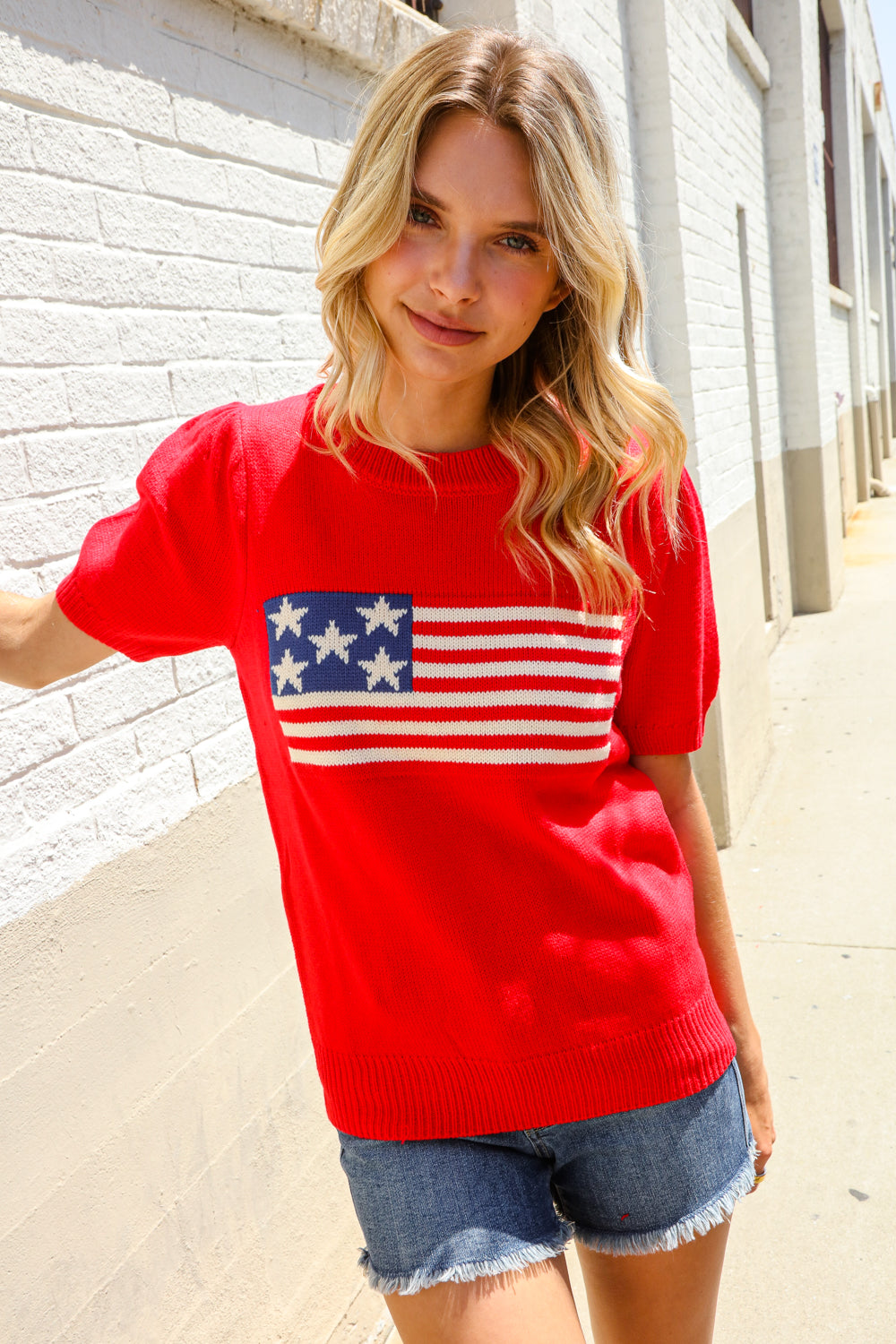 American Flag Bubble Short Sleeve Jacquard Sweater Knit Pullover (Open Pack)