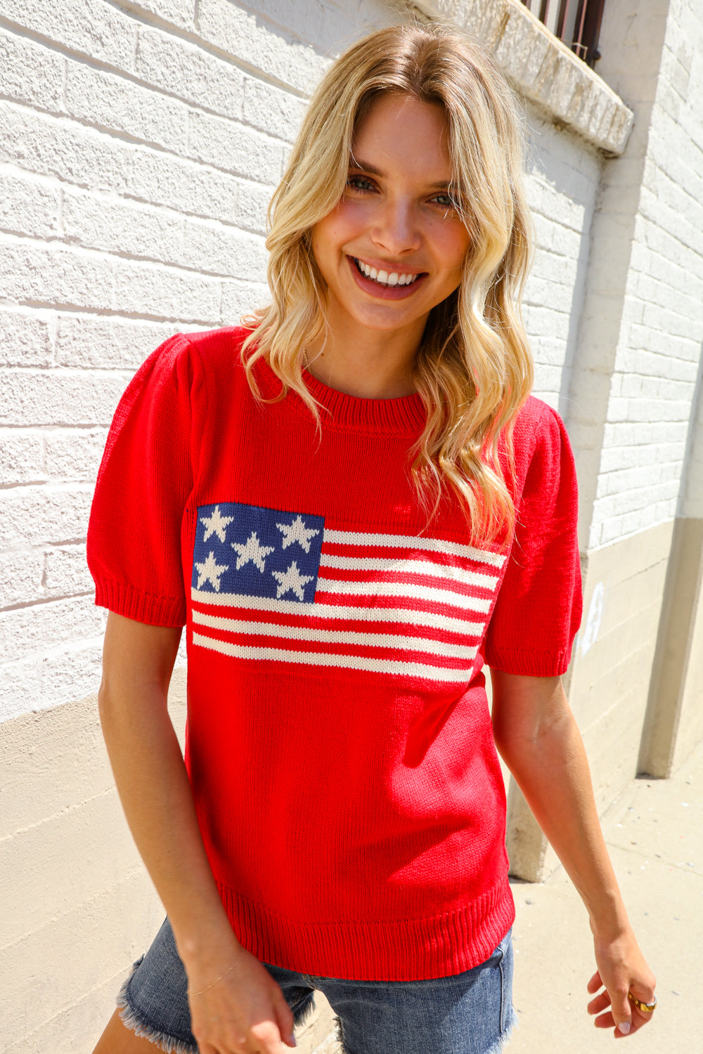 American Flag Bubble Short Sleeve Jacquard Sweater Knit Pullover (Open Pack)