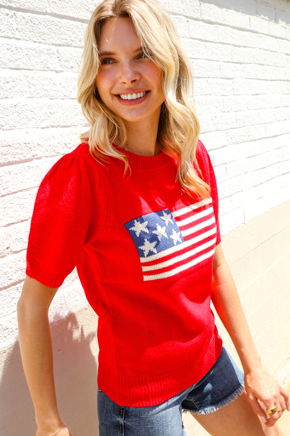American Flag Bubble Short Sleeve Jacquard Sweater Knit Pullover (Open Pack)