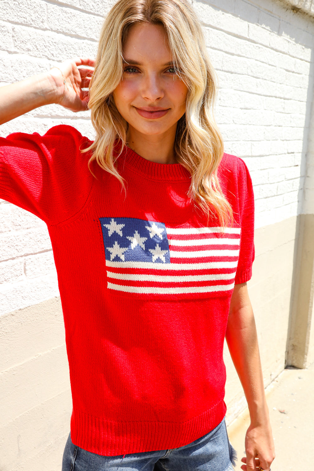 American Flag Bubble Short Sleeve Jacquard Sweater Knit Pullover (Open Pack)