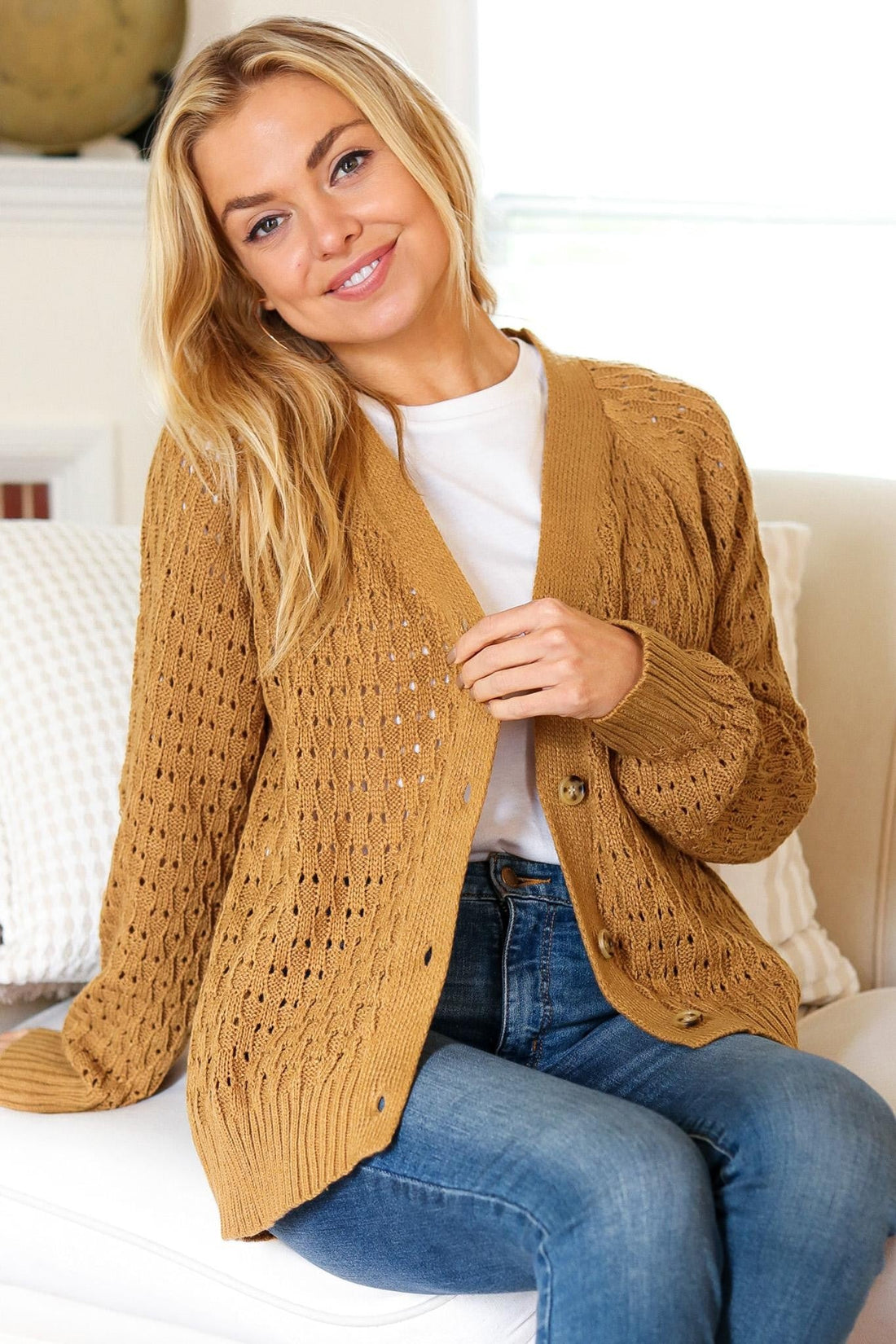 PLUS BUTTON DOWN POINTELLE SOLID SWEATER CARDIGAN
