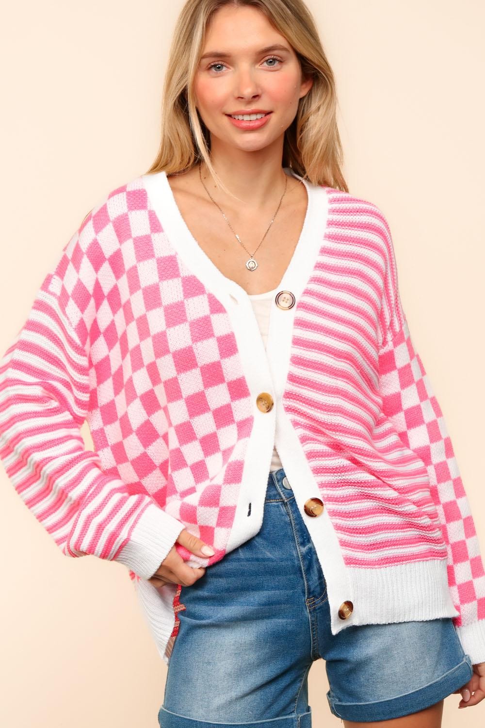 PINK BUTTON DOWN CHECKER STRIPE SWEATER CARDIGAN