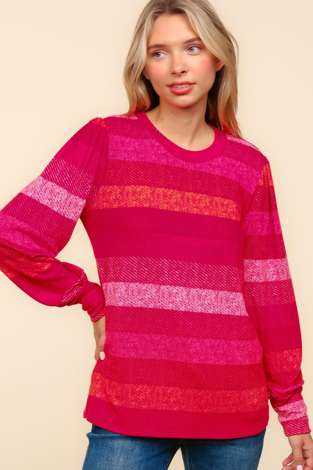 Long Sleeve Stripe Print Soft Hacci Knit Top