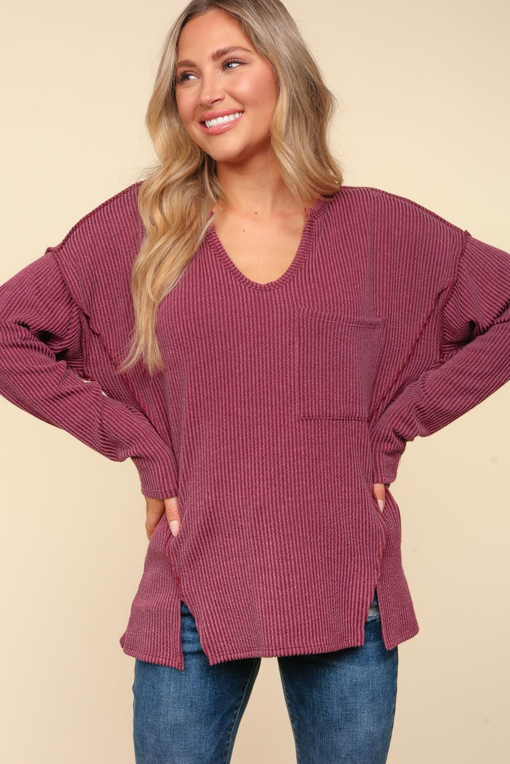 Plus Wine Mineral Washed Rib Top with Slits and Pockets