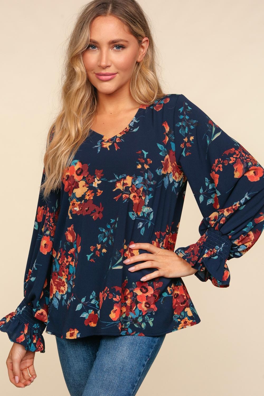 Navy V Neck Floral Print Woven Blouse Top