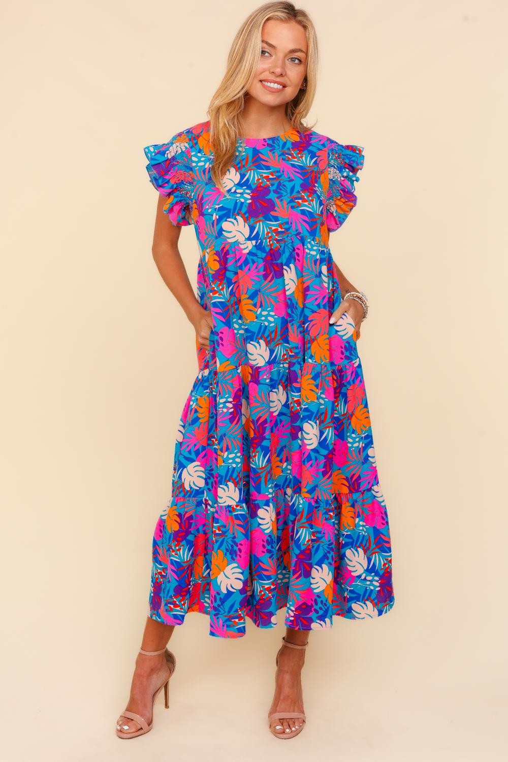 Plus Ruffle Frill Short Sleeve Maxi Tropical Dress (3-1-0)