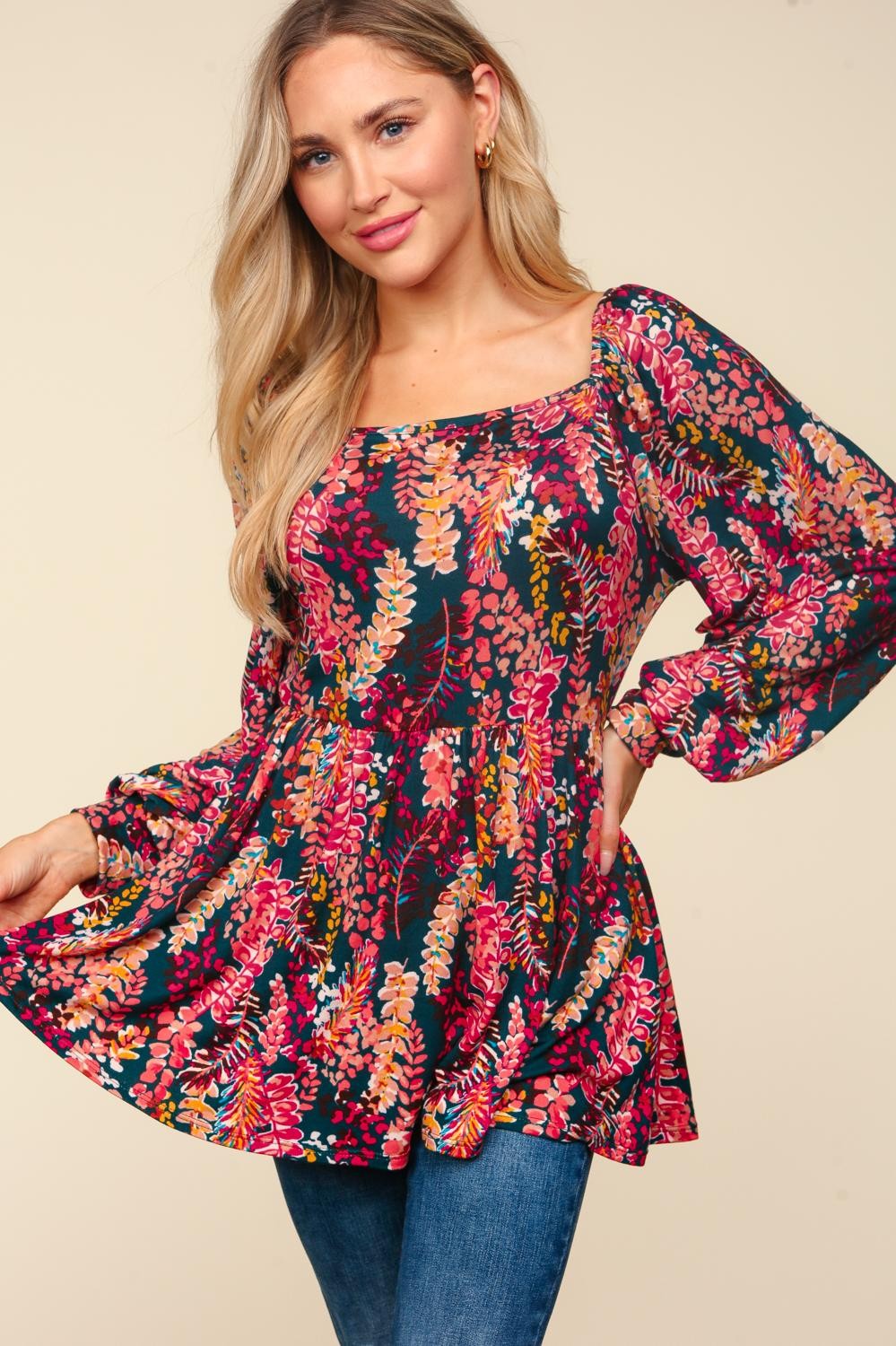 Hunter Green/Berry Square Neck Babydoll Vintage Floral Knit Top