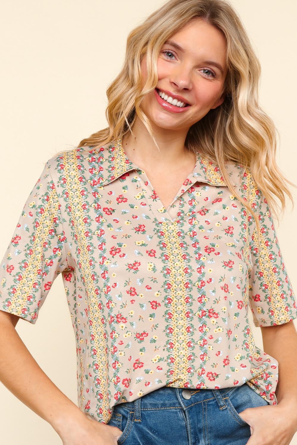 VINTAGE FLORAL COLLARED NOTCH NECK KNIT TOP