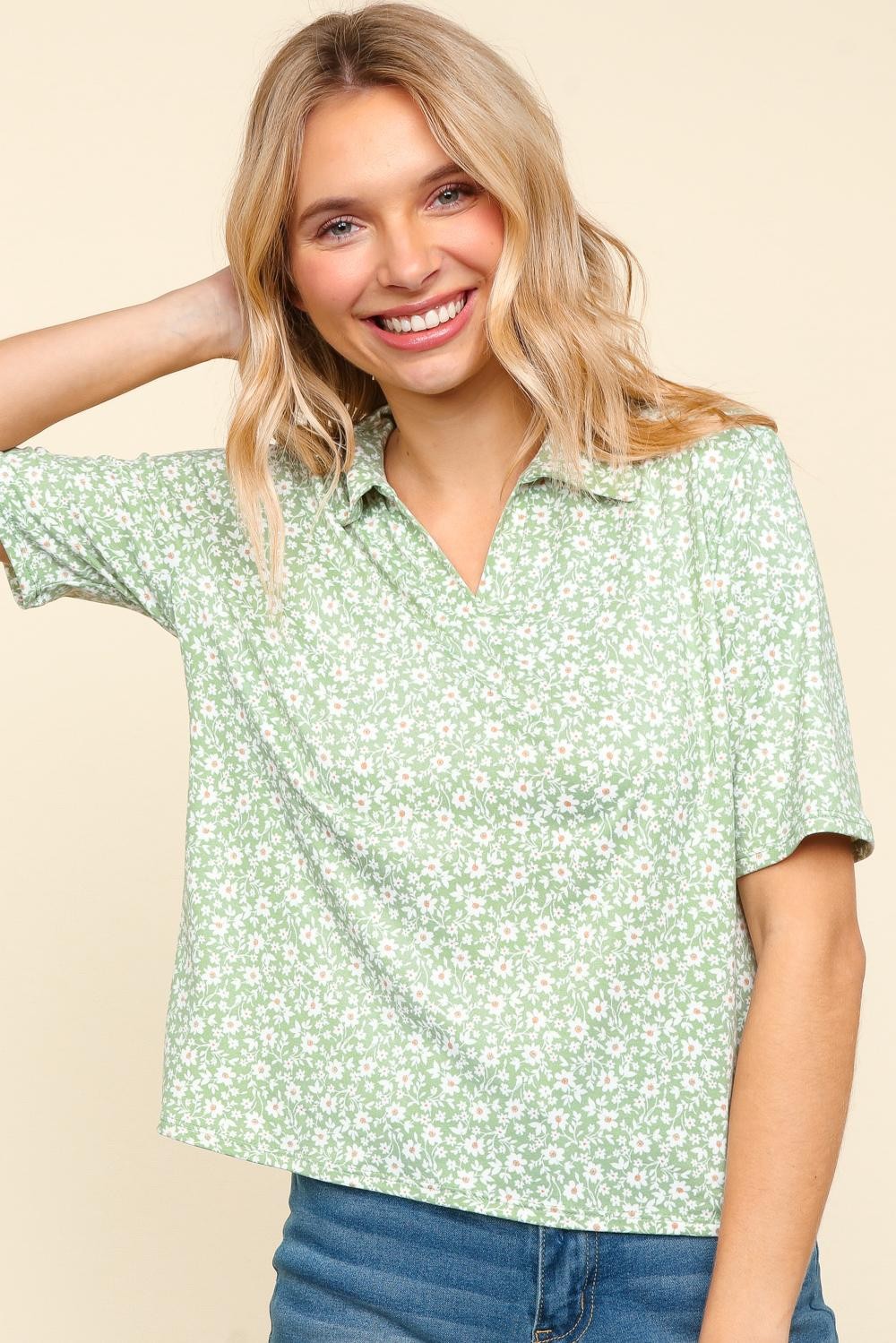 PLUS SAGE COLLARED NOTCH NECK FLORAL PRINT KNIT TOP