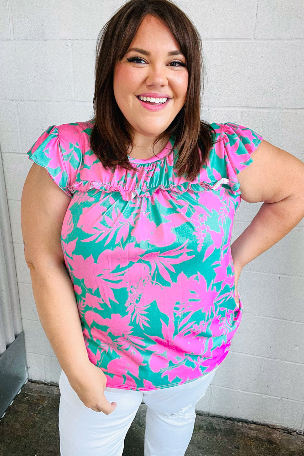 Pink & Green Floral Print Frilled Short Sleeve Yoke Top (Open Pack)