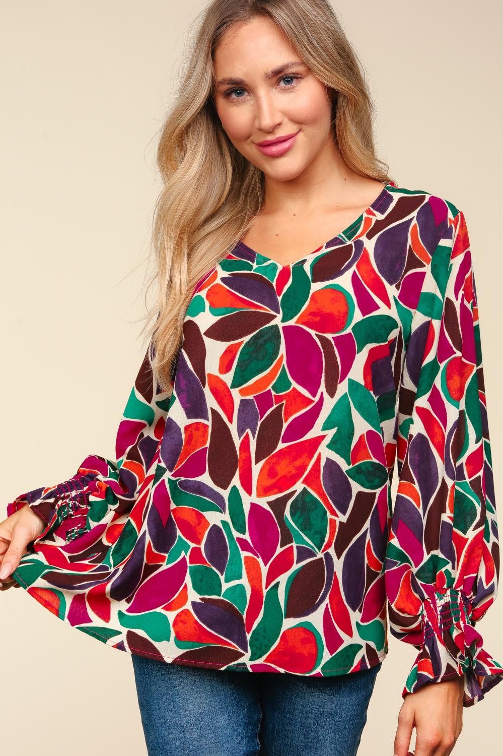 Plus Floral V Neck Smocked Ruffle Hem Sleeve Top