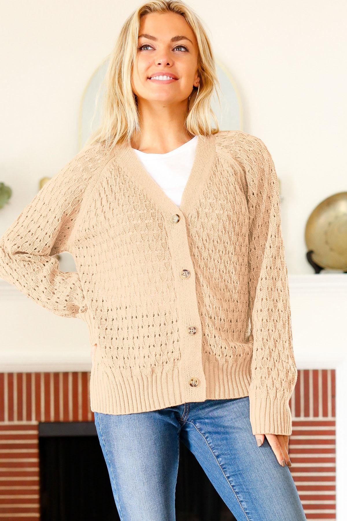 BUTTON DOWN POINTELLE SOLID SWEATER CARDIGAN