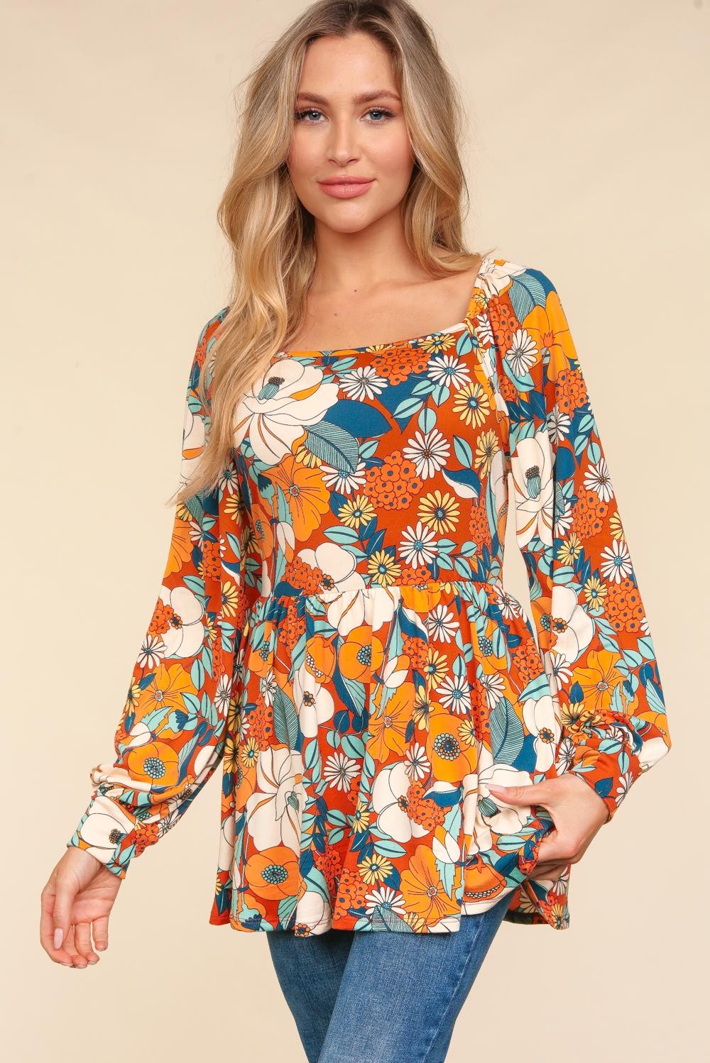 BABYDOLL PEPLUM VINTAGE FLORAL PRINT KNIT TOP