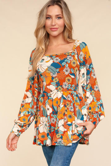 BABYDOLL PEPLUM VINTAGE FLORAL PRINT KNIT TOP