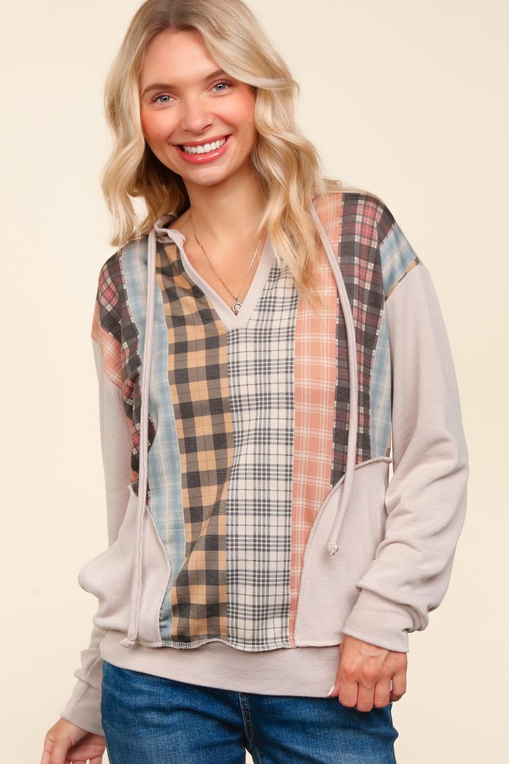 PLUS COLOR BLOCK VERTICAL PLAID PRINT PULLOVER TOP