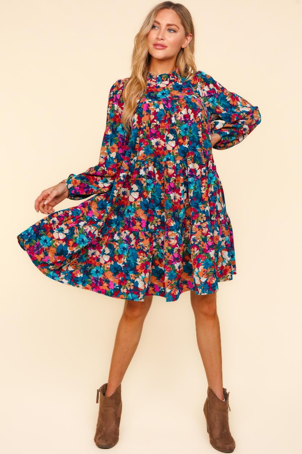 Mock Neck Knee Water Color Floral Dress