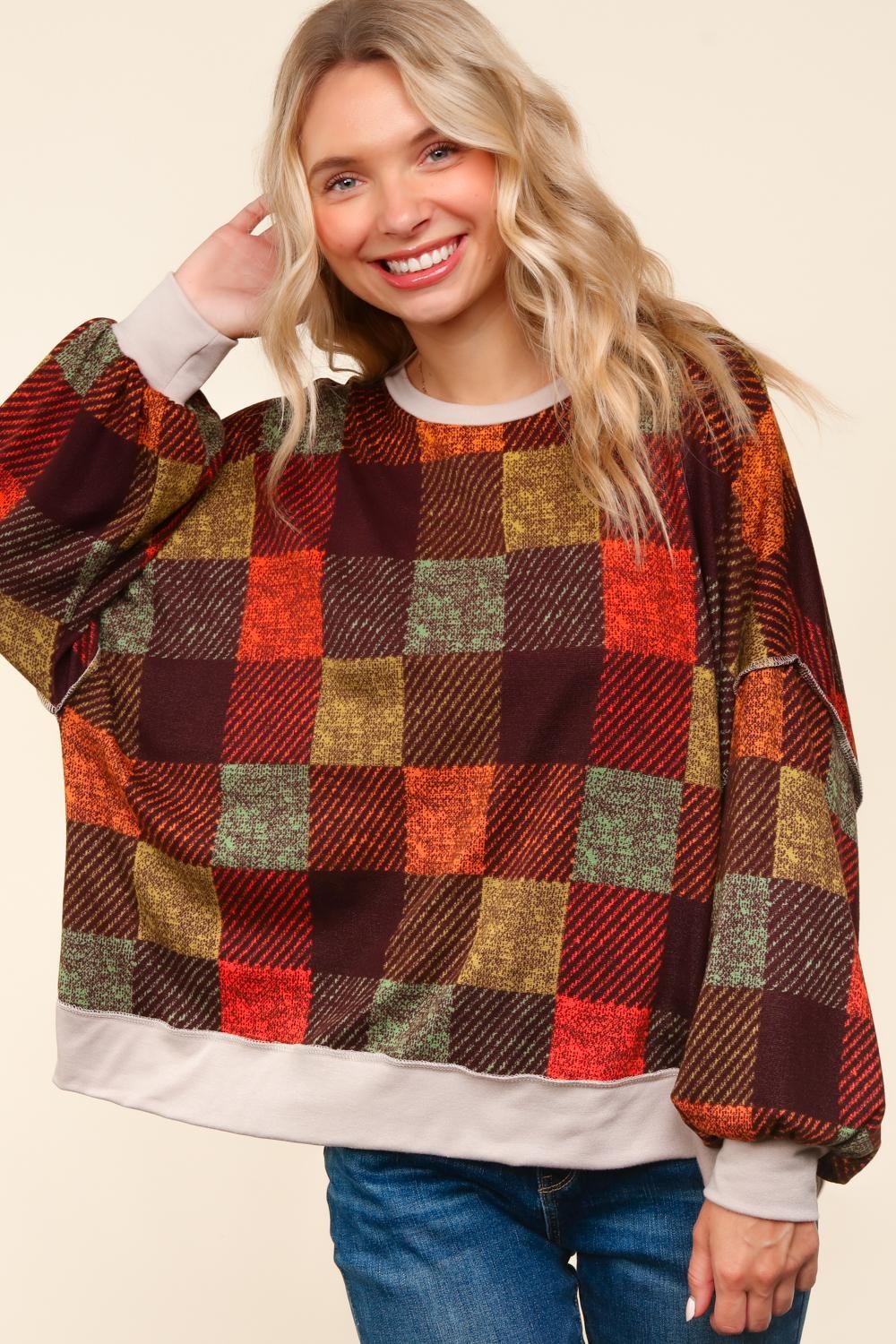 PLUS CHOCOLATE  DROP SHOULDER COLOR BLOCK PLAID CHECK PRINT