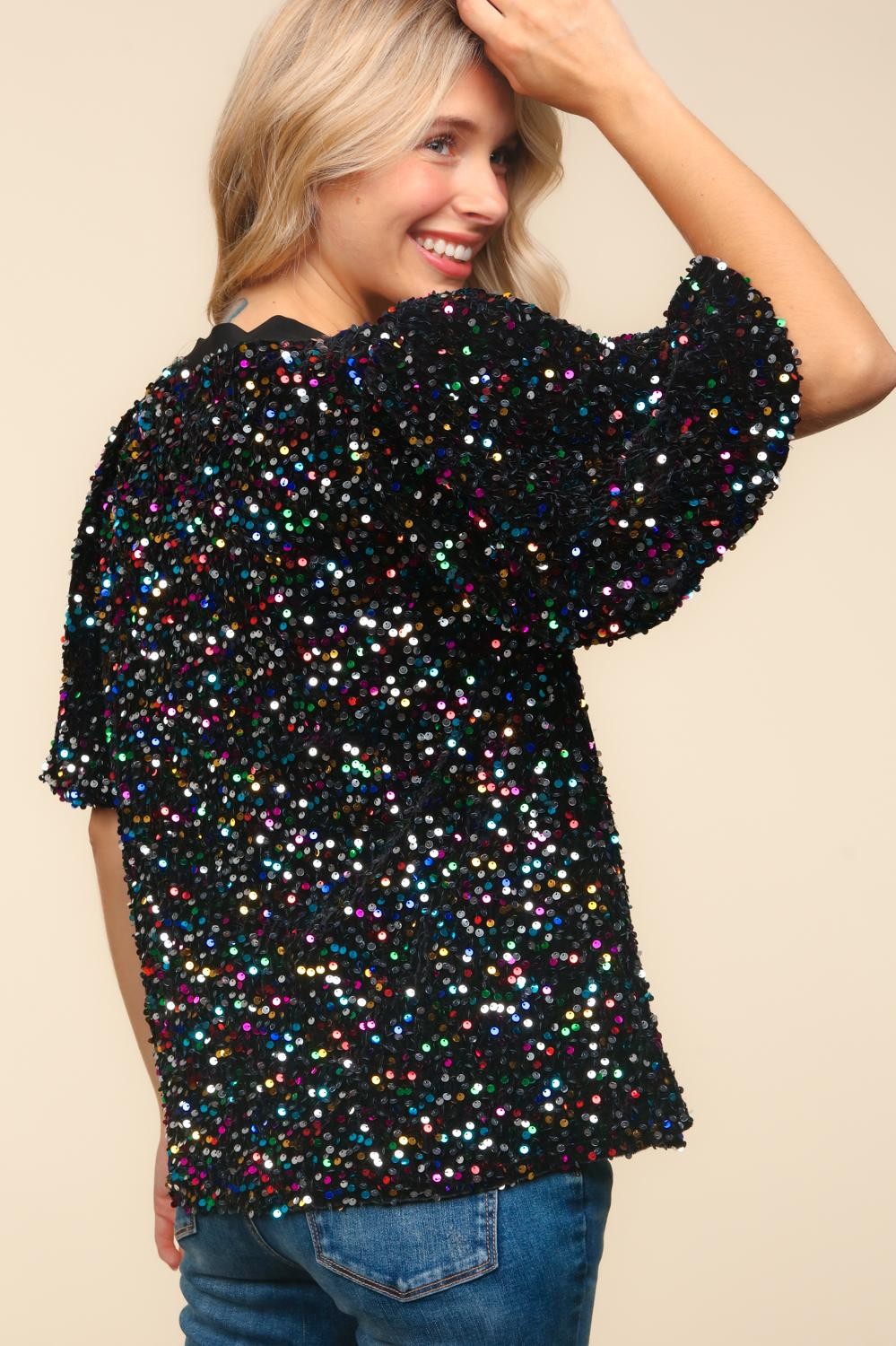 VELVET MULTI COLOR SHINY SEQUINS HOLIDAY TOP
