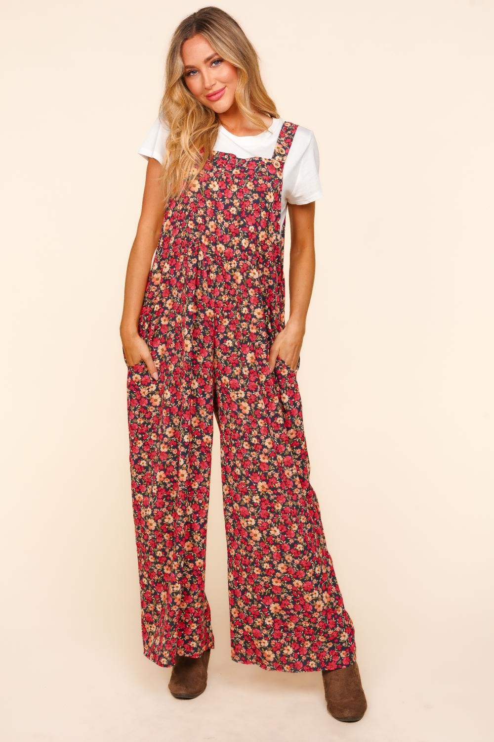 Plus Bib Overalls Button Floral Jumpsuit