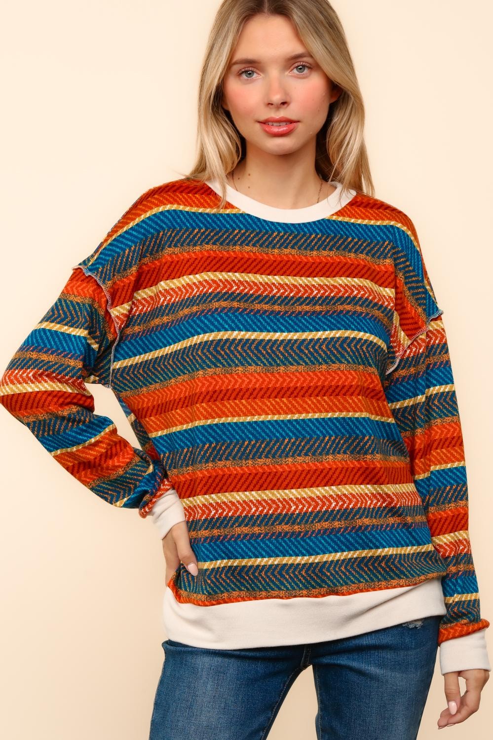 PLUS MULTICOLOR TEXTURED STRIPE PRINT KNIT TOP