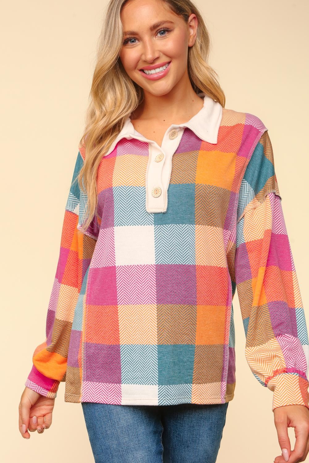 Plus Collared Placket Washed Plaid Knit Top