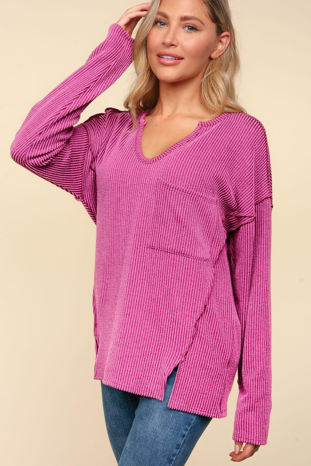 Magenta Mineral Washed Rib Top with Slits and Pockets