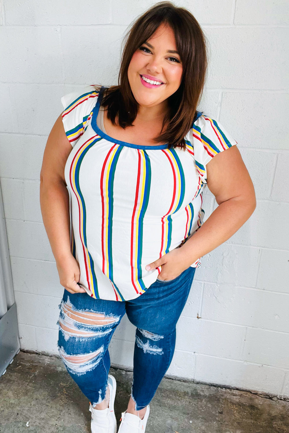 Multicolor Striped Raglan Flutter Sleeve Top (Open Pack)
