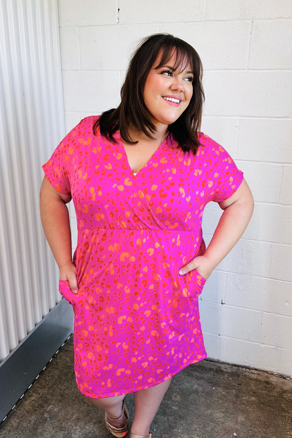 Rose Leopard Surplice V Neck Pocketed Dress (Open Pack)