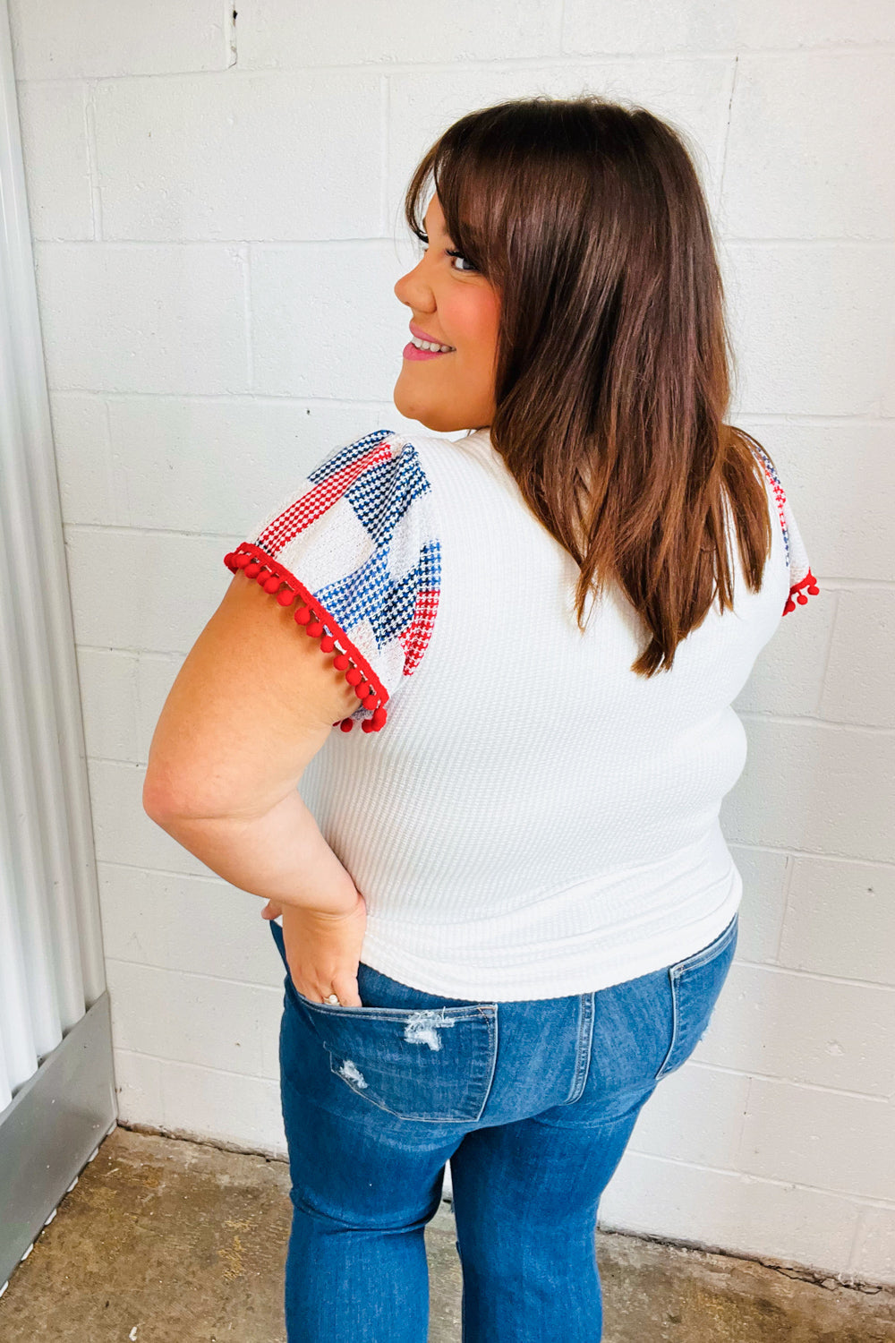 Patriotic Pom Pom Lace Flutter Sleeve Top (Open Pack)