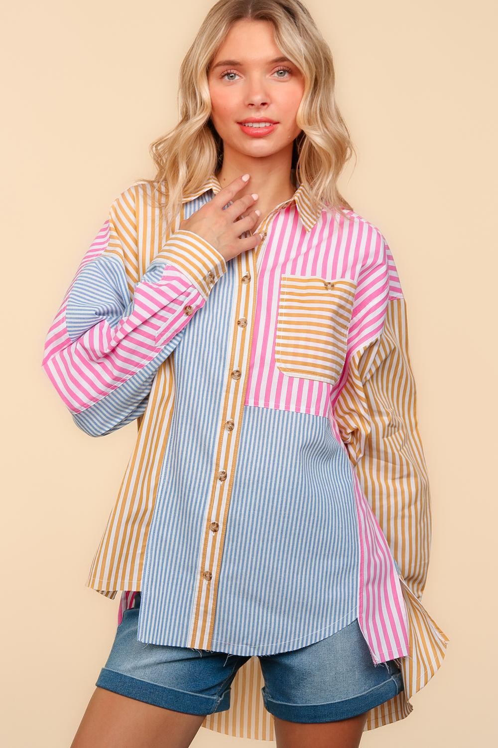 STRIPE PATCHWORK BUTTON DOWN WOVEN TOP