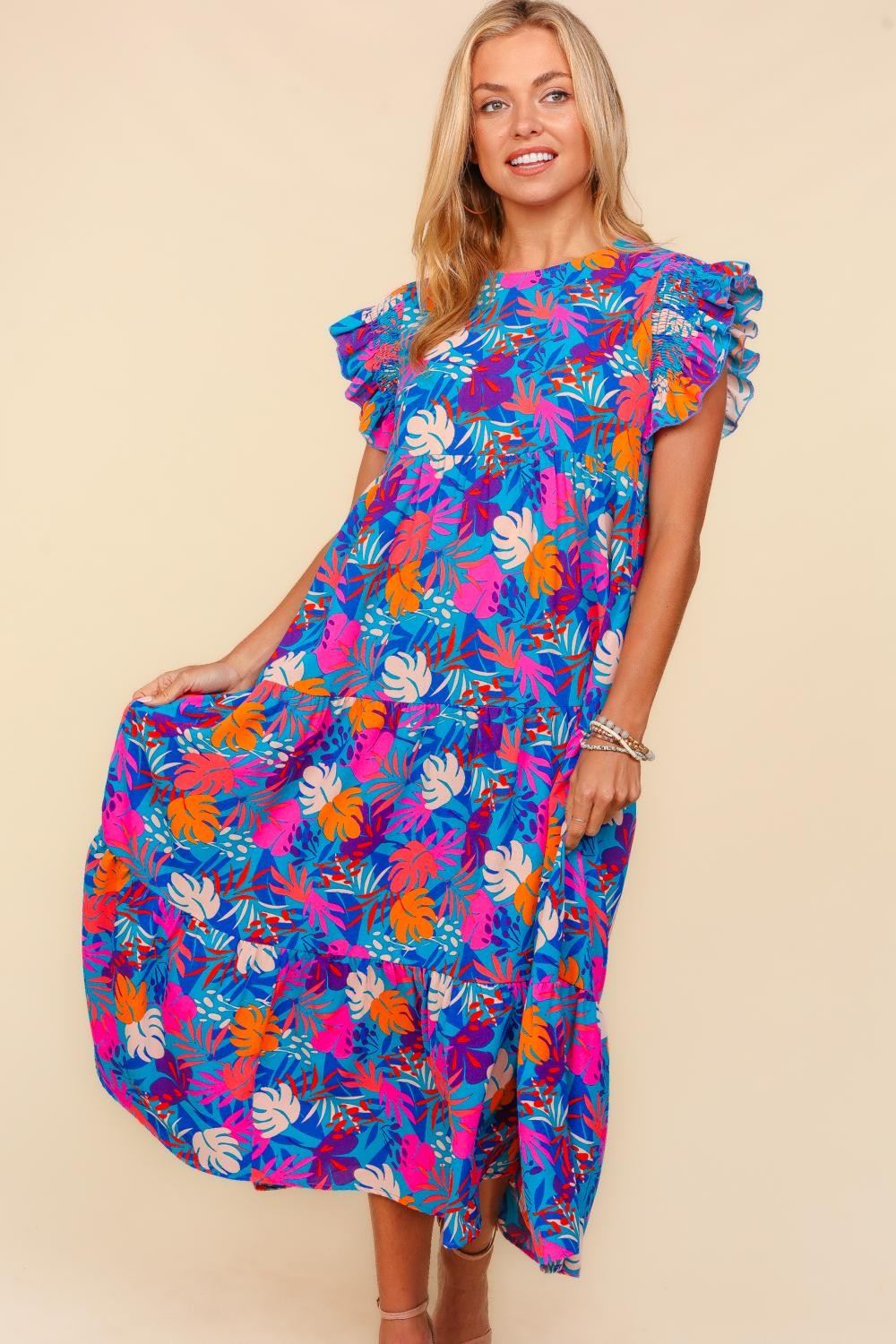 Plus Ruffle Frill Short Sleeve Maxi Tropical Dress