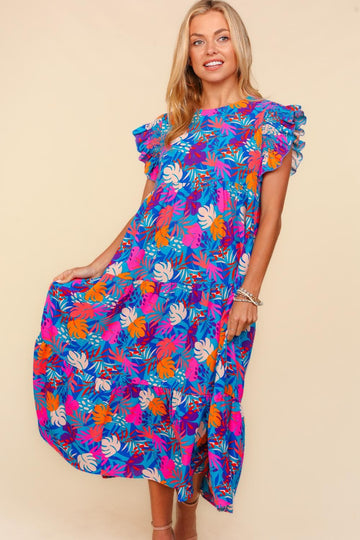 Plus Ruffle Frill Short Sleeve Maxi Tropical Dress