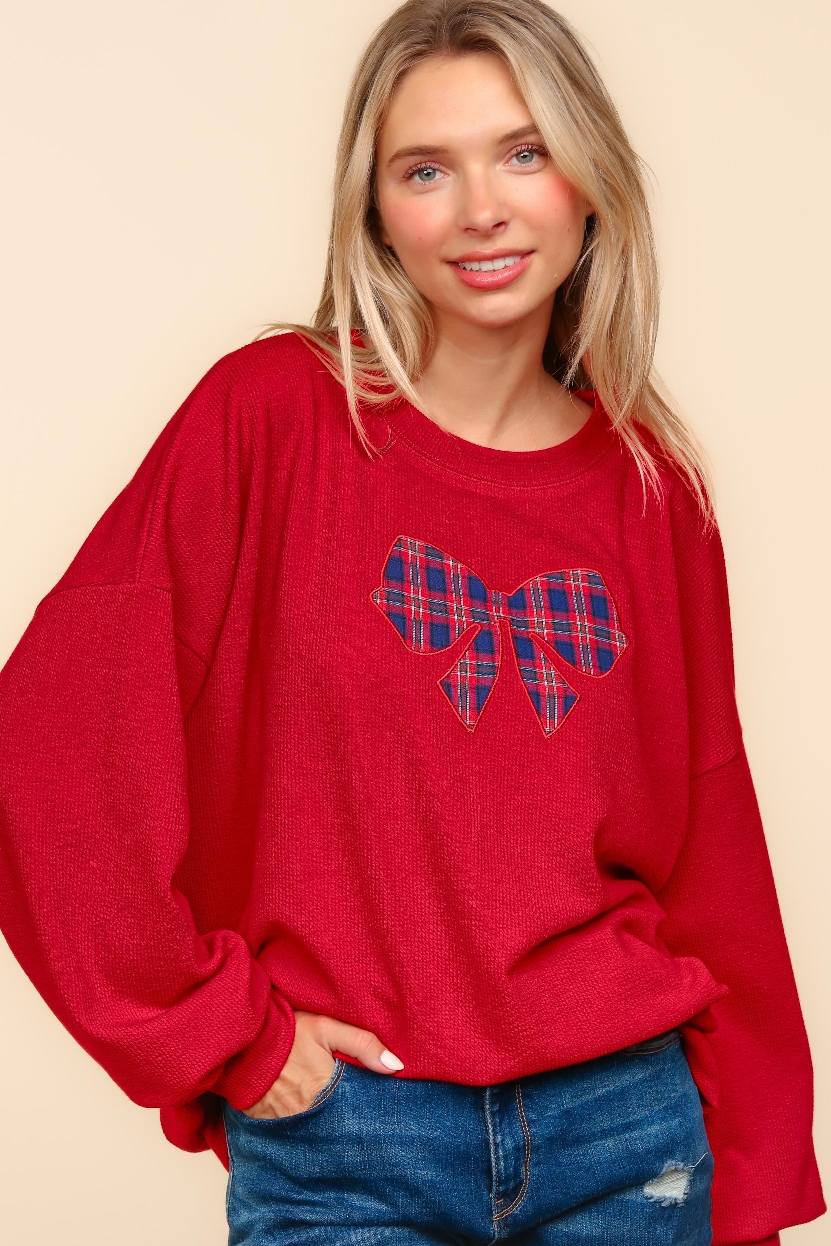 BOW PLAID EMBROIDERY PULLOVER KNIT TOP