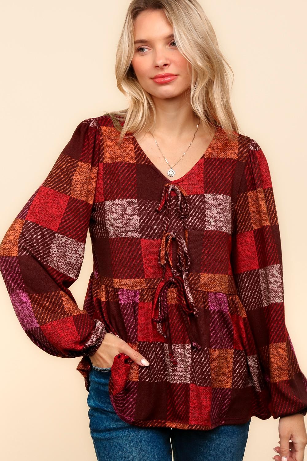 PLUS RIBBON TIE BABYDOLL PLAID BLOUSE TOP