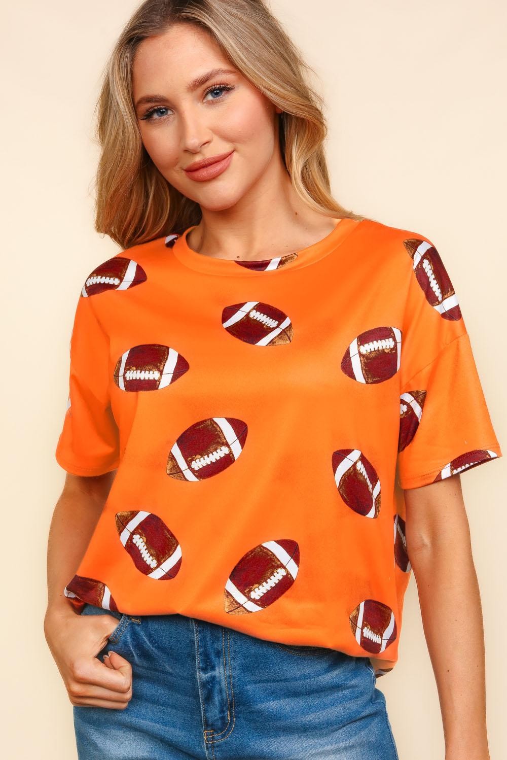ORANGE GAME DAY FOOTBALL PRINT BUTTERY SOFT KNIT TOP (4pc)