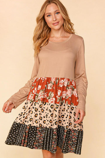 FLORAL & LEOPARD TIERED MIDI DRESS